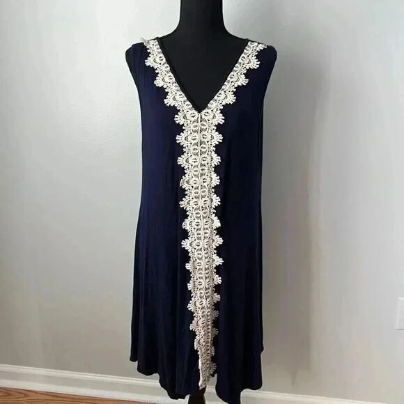 Espresso Cotton Navy and white lace stretch dress - Picture 1 of 6